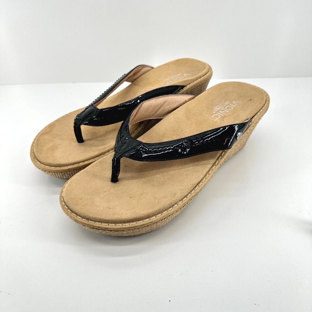Vionic Grenada Womens 9 40 Black Patent Leather Wedge Flip Flops Slip On Sandals